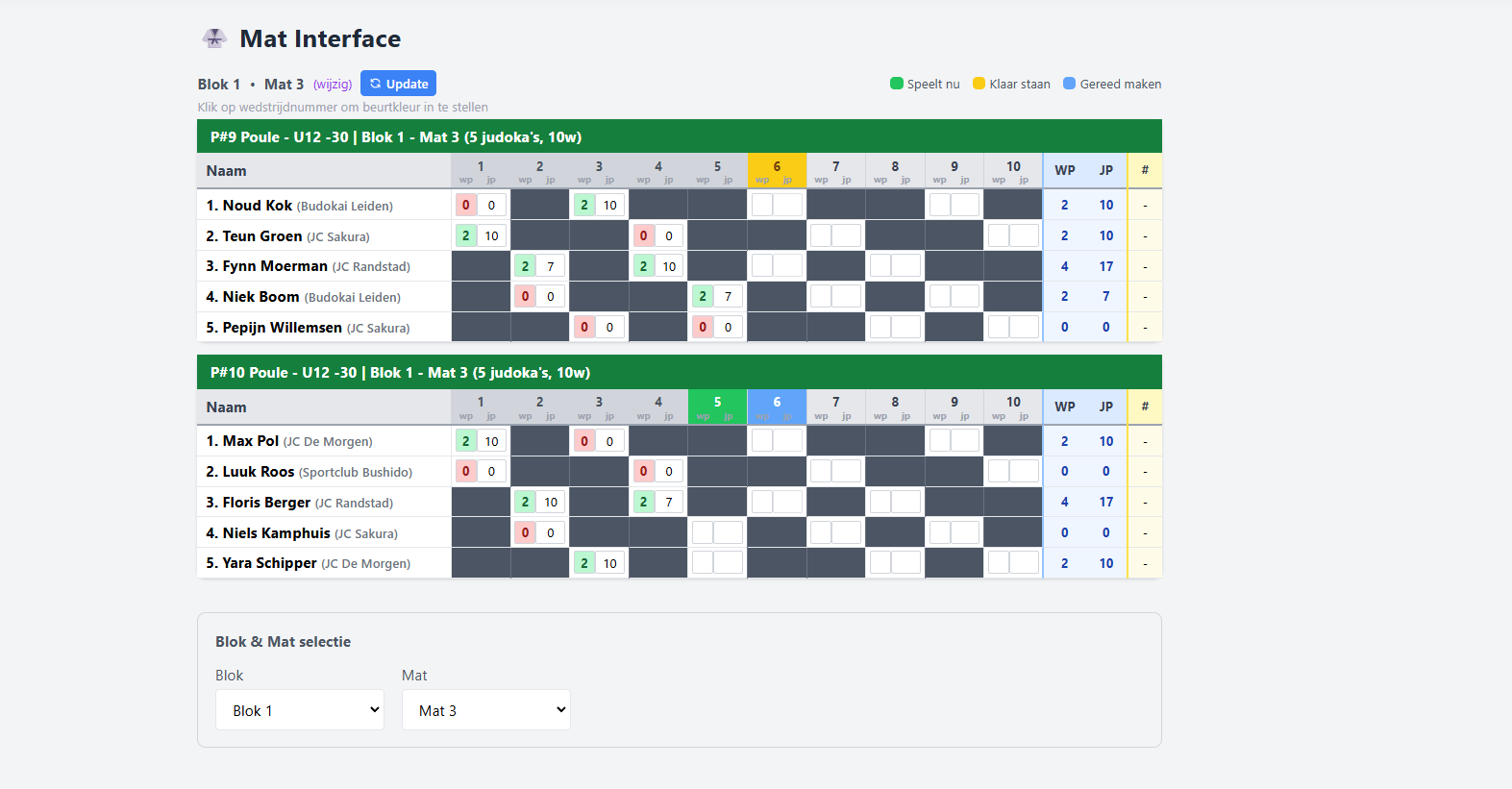 Live wedstrijdschema met beurtaanduiding