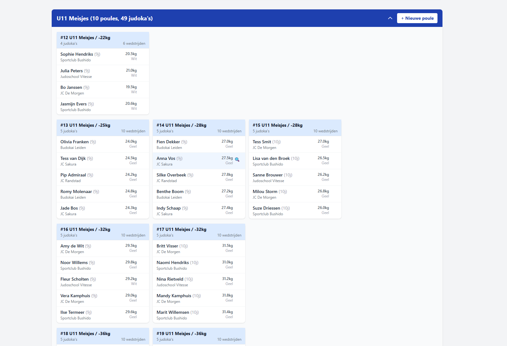Poule-overzicht met automatische indeling